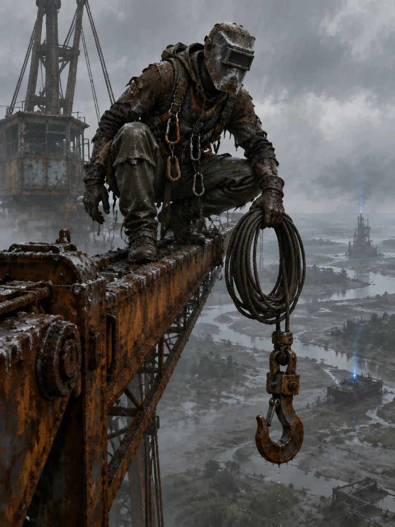 Hookline: sosok kurus berjongkok di lengan crane berkarat, memegang gulungan kabel baja dengan kait kargo besar, topeng las tergores garam, rawa jauh di bawah.