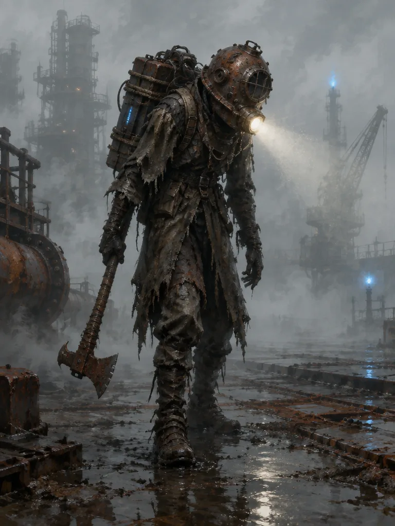 Lampjaw: sosok tinggi membungkuk bertopeng helm selam berkarat dengan lampu kapal terpasang di rahang, kerucut cahaya menembus kabut, kapak di satu tangan, aki diikat tali di punggung.